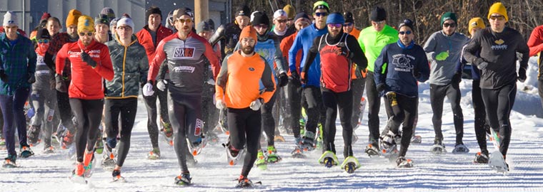 Start of Seventh Annual Whitaker Woods Snowshoe Scramble - a 4-mile snowshoe race - a Granite State Race Series Event